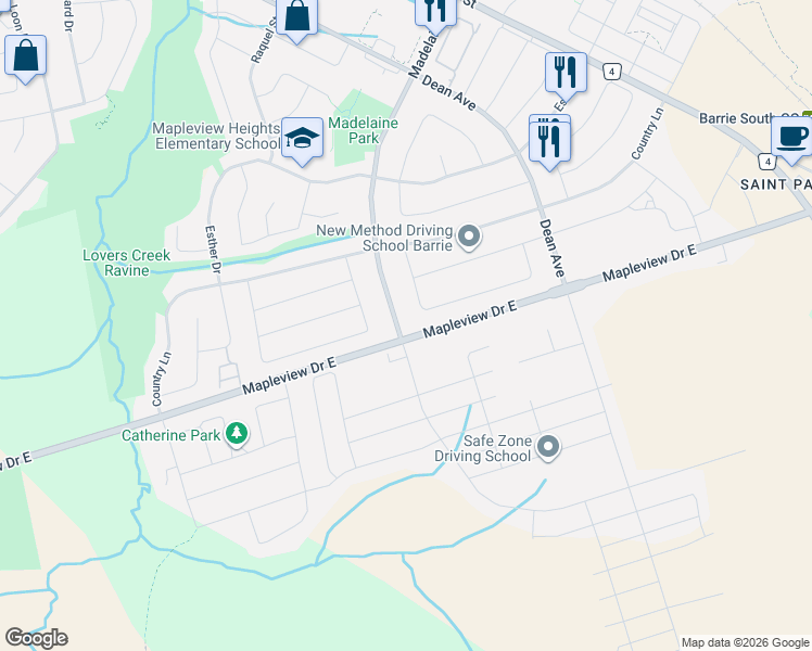 map of restaurants, bars, coffee shops, grocery stores, and more near 187 Madelaine Drive in Barrie