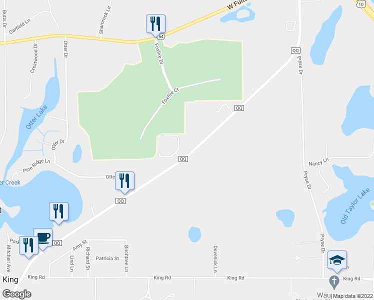 map of restaurants, bars, coffee shops, grocery stores, and more near N2921 County Road QQ in Waupaca