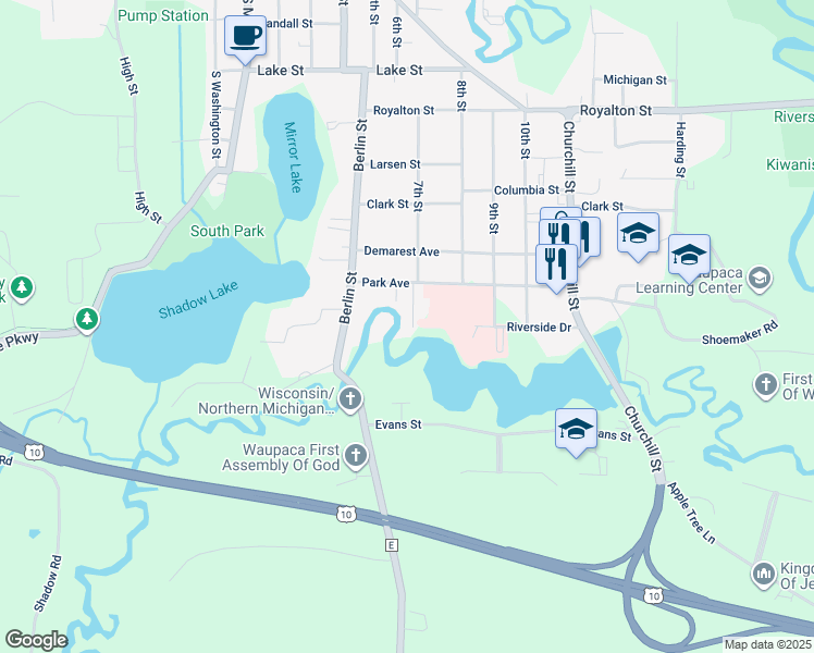 map of restaurants, bars, coffee shops, grocery stores, and more near 540 Park Avenue in Waupaca