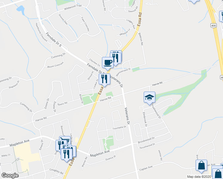 map of restaurants, bars, coffee shops, grocery stores, and more near 31 McCausland Court in Barrie