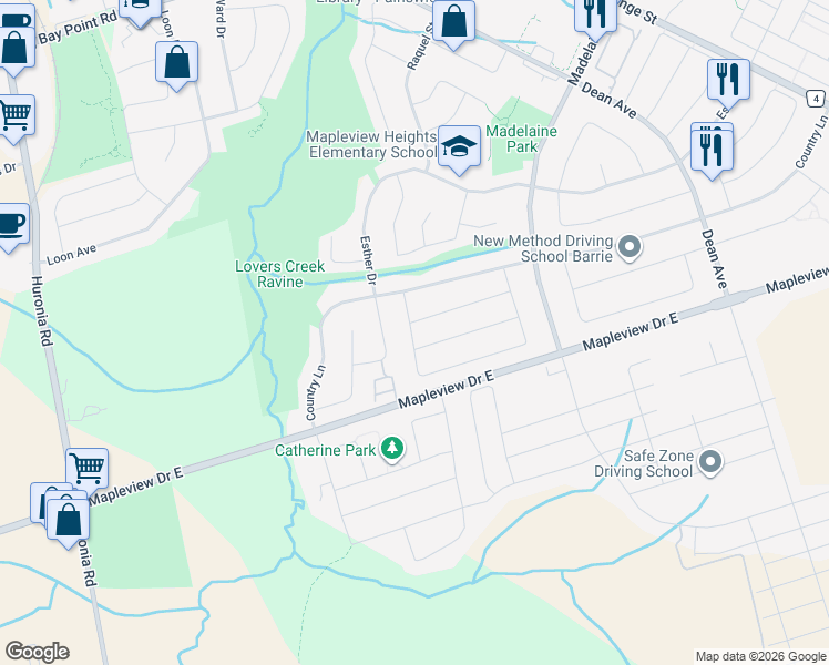 map of restaurants, bars, coffee shops, grocery stores, and more near 12 Benjamin Lane in Barrie
