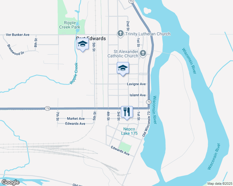 map of restaurants, bars, coffee shops, grocery stores, and more near 310 Island Avenue in Port Edwards
