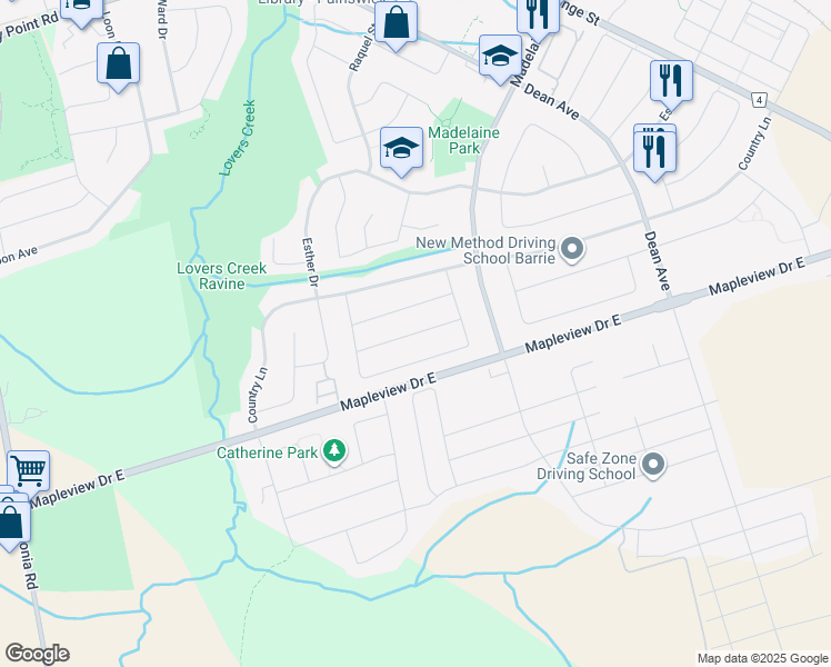 map of restaurants, bars, coffee shops, grocery stores, and more near Booth Lane in Barrie