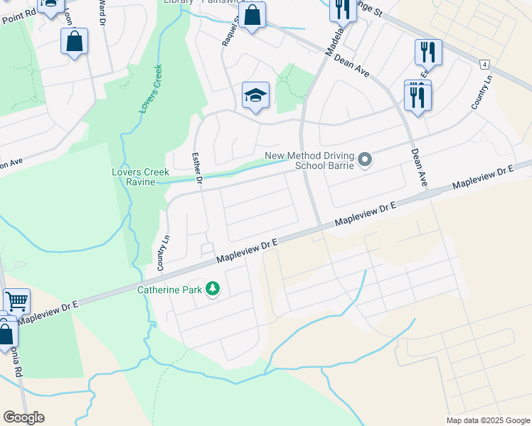 map of restaurants, bars, coffee shops, grocery stores, and more near 41 Booth Lane in Barrie