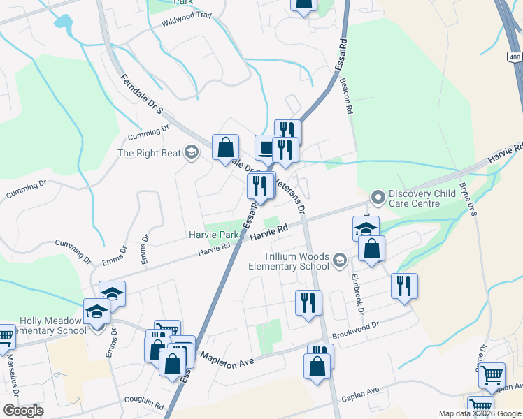 map of restaurants, bars, coffee shops, grocery stores, and more near 440 Essa Road in Barrie