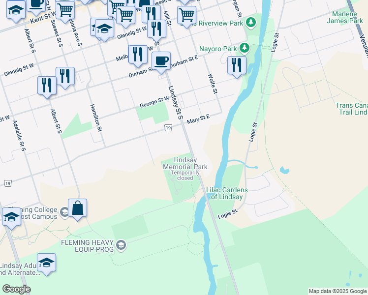 map of restaurants, bars, coffee shops, grocery stores, and more near 189 Lindsay Street South in Kawartha Lakes