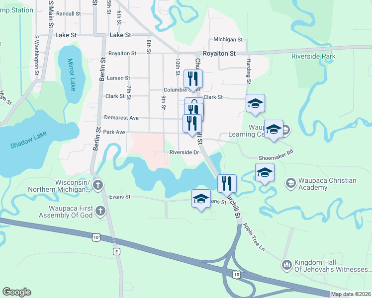 map of restaurants, bars, coffee shops, grocery stores, and more near 1104 Churchill Street in Waupaca