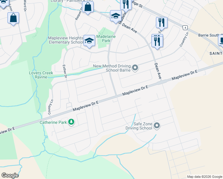 map of restaurants, bars, coffee shops, grocery stores, and more near 182 Madelaine Drive in Barrie