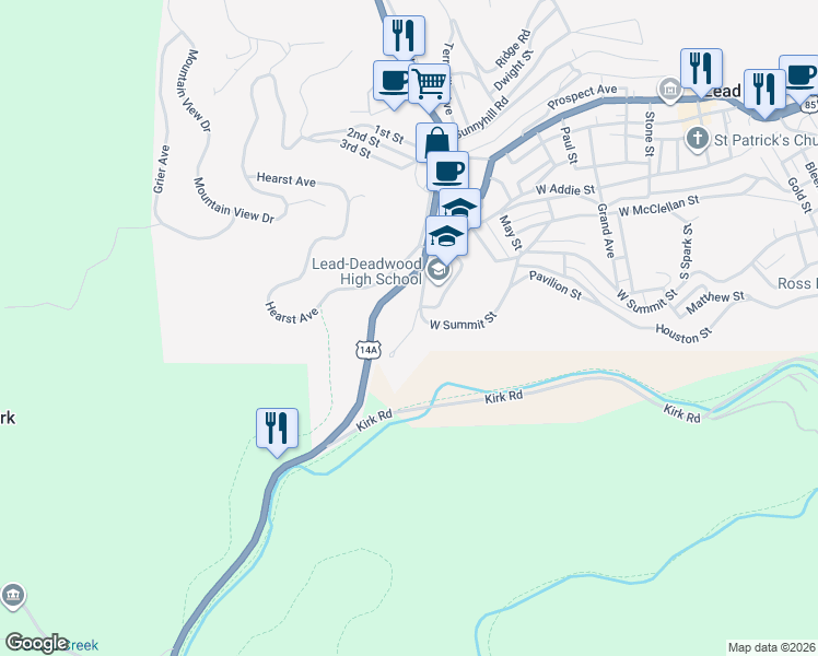 map of restaurants, bars, coffee shops, grocery stores, and more near 402 Sunset Road in Lead