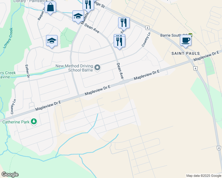 map of restaurants, bars, coffee shops, grocery stores, and more near 553 Mapleview Drive East in Barrie