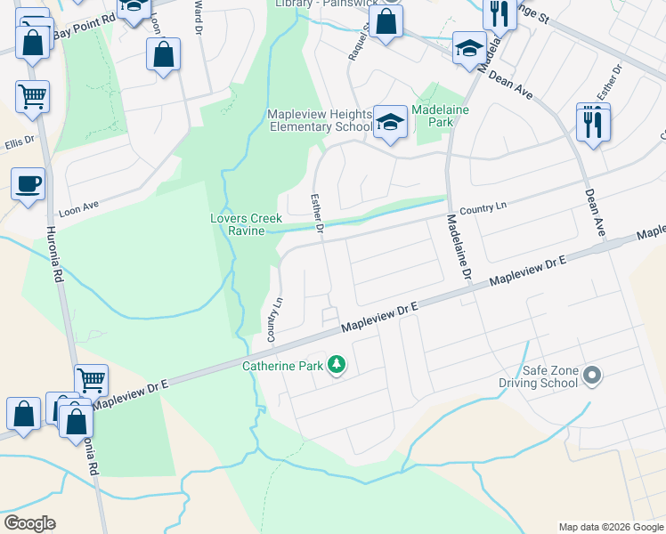 map of restaurants, bars, coffee shops, grocery stores, and more near 297 Esther Drive in Barrie
