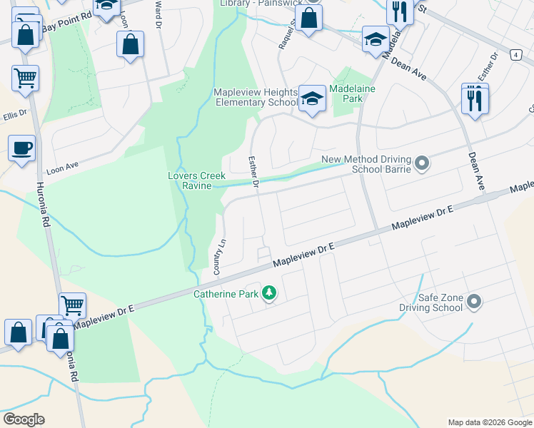 map of restaurants, bars, coffee shops, grocery stores, and more near 297 Esther Drive in Barrie