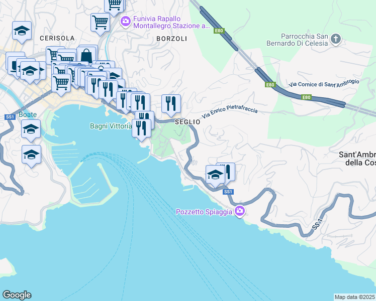 map of restaurants, bars, coffee shops, grocery stores, and more near 2 Via dei Pini in Rapallo
