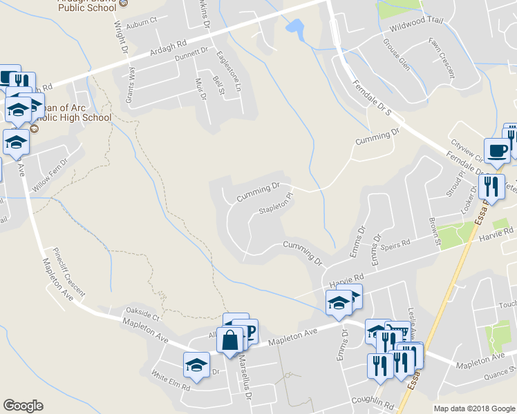 map of restaurants, bars, coffee shops, grocery stores, and more near 26 Stapleton Place in Barrie