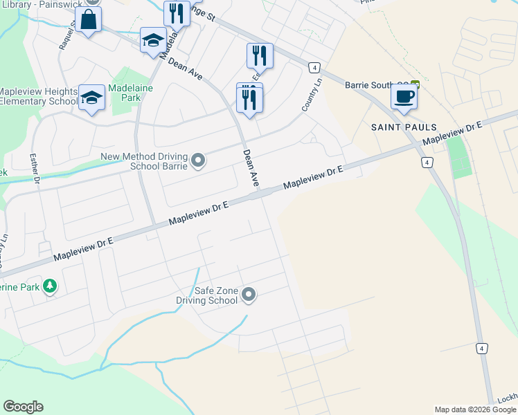 map of restaurants, bars, coffee shops, grocery stores, and more near 10 Greer Street in Barrie