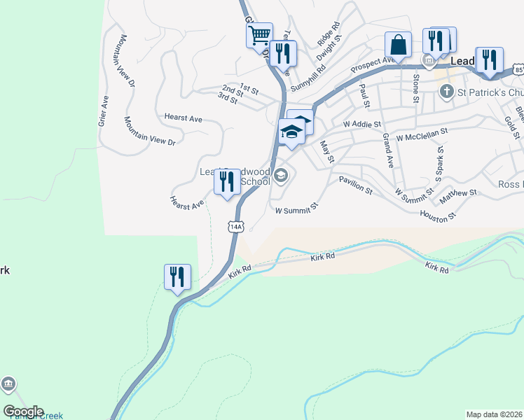 map of restaurants, bars, coffee shops, grocery stores, and more near 402 Sunset Road in Lead