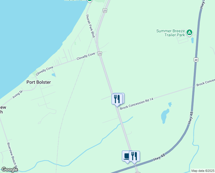 map of restaurants, bars, coffee shops, grocery stores, and more near 31410 Lake Ridge Road in Georgina