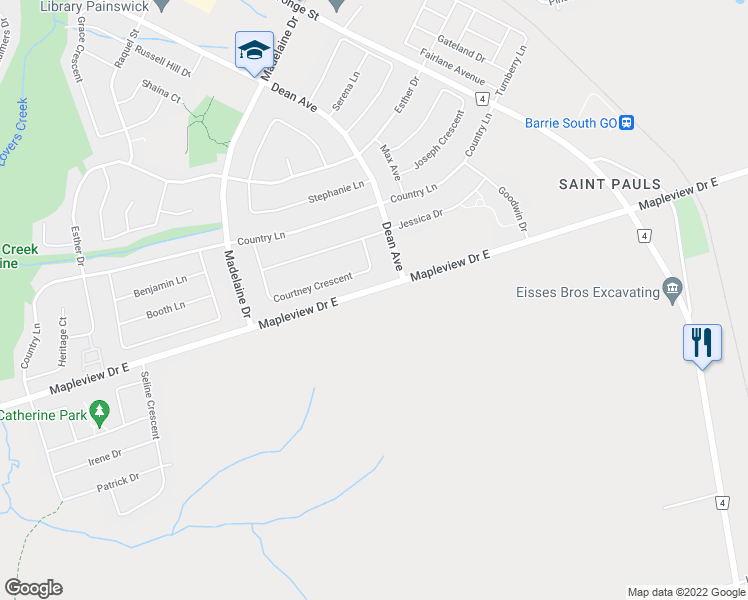 map of restaurants, bars, coffee shops, grocery stores, and more near 561 Mapleview Drive East in Barrie