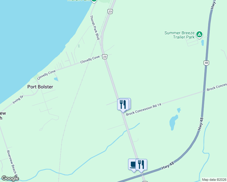 map of restaurants, bars, coffee shops, grocery stores, and more near 31412 Lake Ridge Road in Georgina