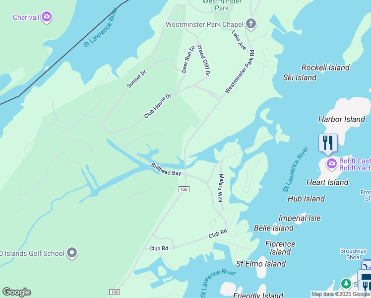 map of restaurants, bars, coffee shops, grocery stores, and more near 44721 Westminster Park Road in Wellesley Island