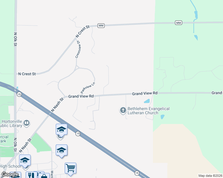 map of restaurants, bars, coffee shops, grocery stores, and more near 731 Grand View Road in Hortonville