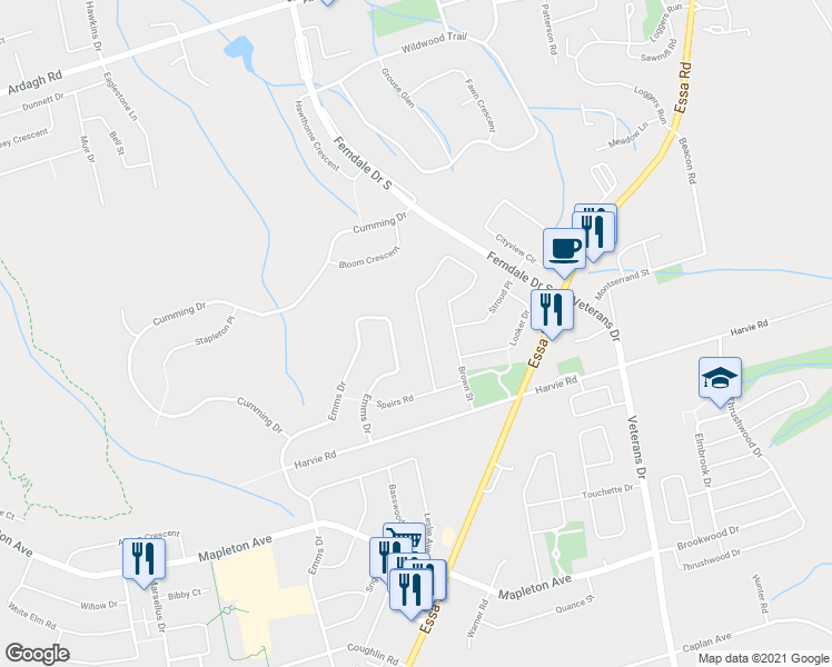 map of restaurants, bars, coffee shops, grocery stores, and more near 117 Brown Street in Barrie