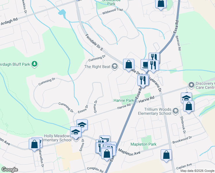 map of restaurants, bars, coffee shops, grocery stores, and more near 117 Brown Street in Barrie