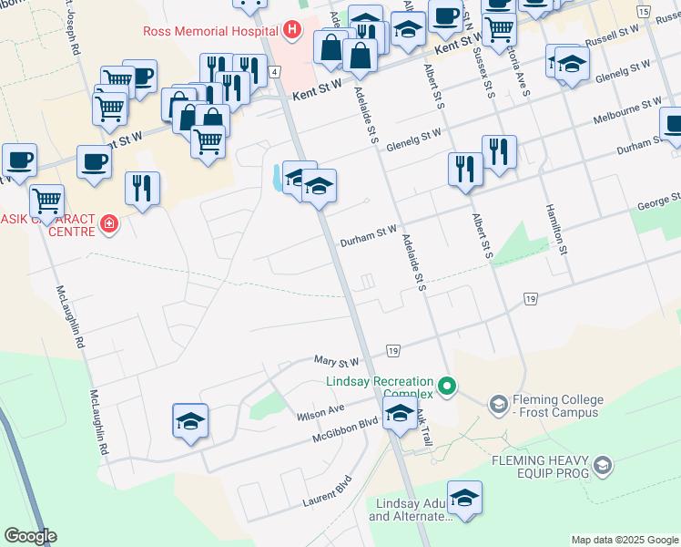 map of restaurants, bars, coffee shops, grocery stores, and more near 87 Angeline Street South in Lindsay
