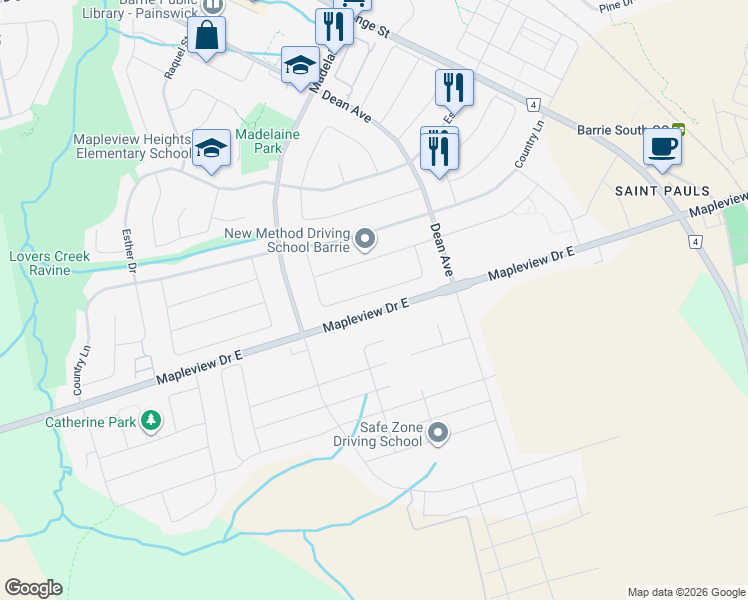 map of restaurants, bars, coffee shops, grocery stores, and more near 99 Courtney Crescent in Barrie