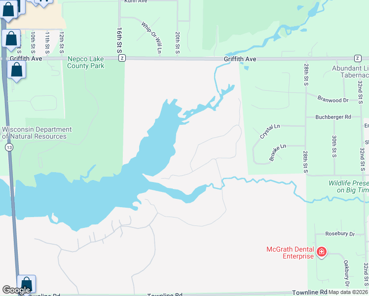 map of restaurants, bars, coffee shops, grocery stores, and more near Crystal Lane in Wisconsin Rapids