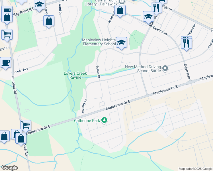 map of restaurants, bars, coffee shops, grocery stores, and more near 223 Nathan Crescent in Barrie