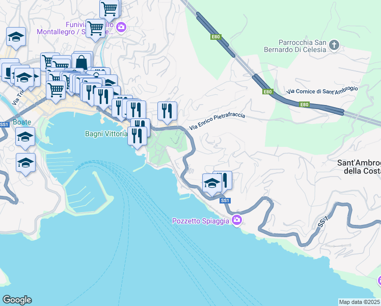 map of restaurants, bars, coffee shops, grocery stores, and more near 2 Via dei Pini in Rapallo