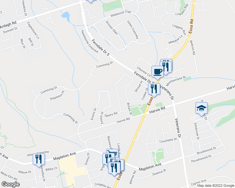 map of restaurants, bars, coffee shops, grocery stores, and more near 115 Brown Street in Barrie