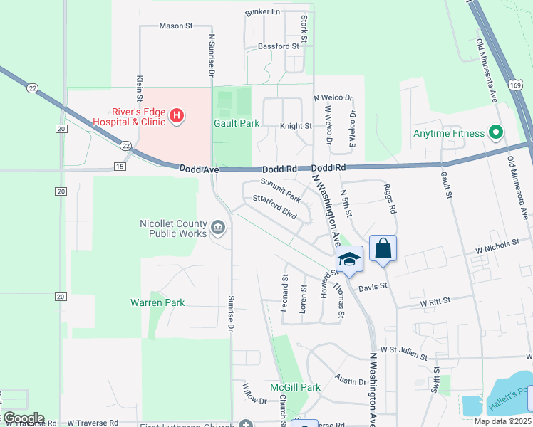 map of restaurants, bars, coffee shops, grocery stores, and more near 120 Nottingham Boulevard in Saint Peter