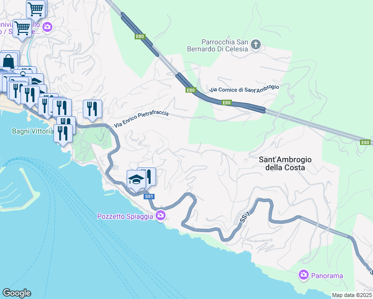 map of restaurants, bars, coffee shops, grocery stores, and more near 19 Salita Sant'Ambrogio in Zoagli