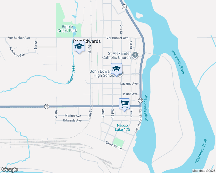 map of restaurants, bars, coffee shops, grocery stores, and more near 321 Lavigne Avenue in Port Edwards