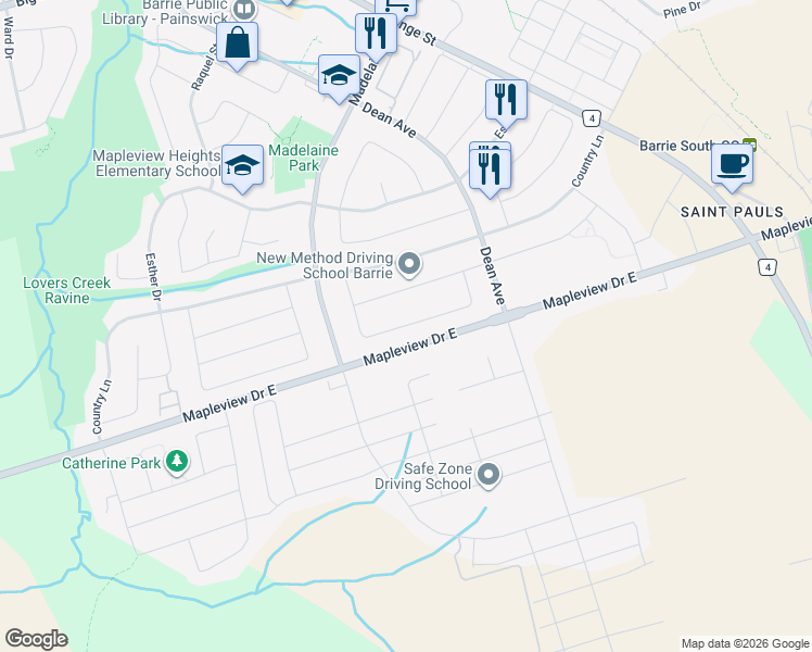 map of restaurants, bars, coffee shops, grocery stores, and more near 90 Courtney Crescent in Barrie