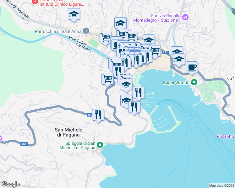 map of restaurants, bars, coffee shops, grocery stores, and more near 16 Via Marco Polo in Rapallo
