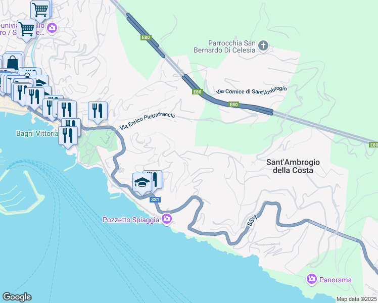 map of restaurants, bars, coffee shops, grocery stores, and more near 19 Salita Sant'Ambrogio in Zoagli