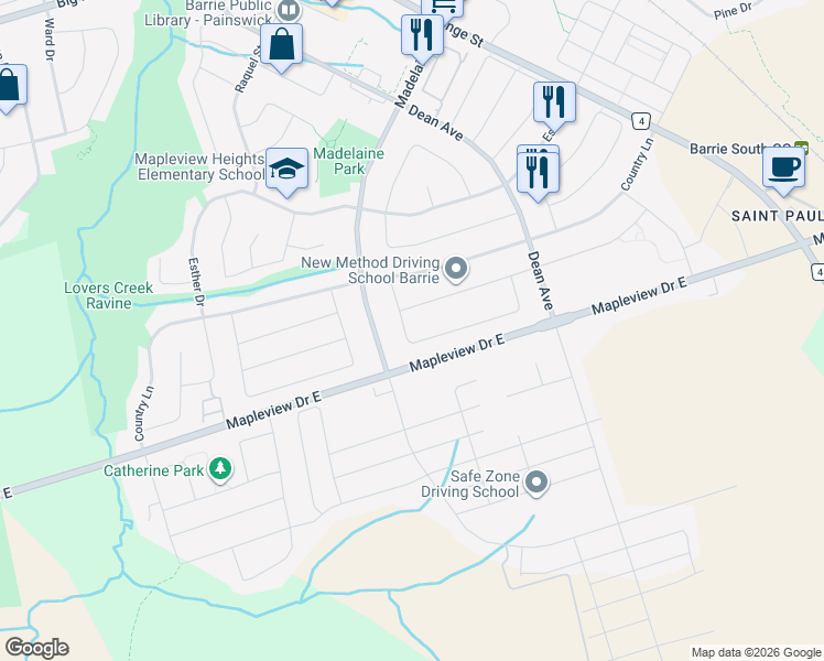 map of restaurants, bars, coffee shops, grocery stores, and more near 30 Courtney Crescent in Barrie