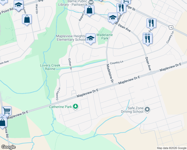 map of restaurants, bars, coffee shops, grocery stores, and more near 29 Benjamin Lane in Barrie