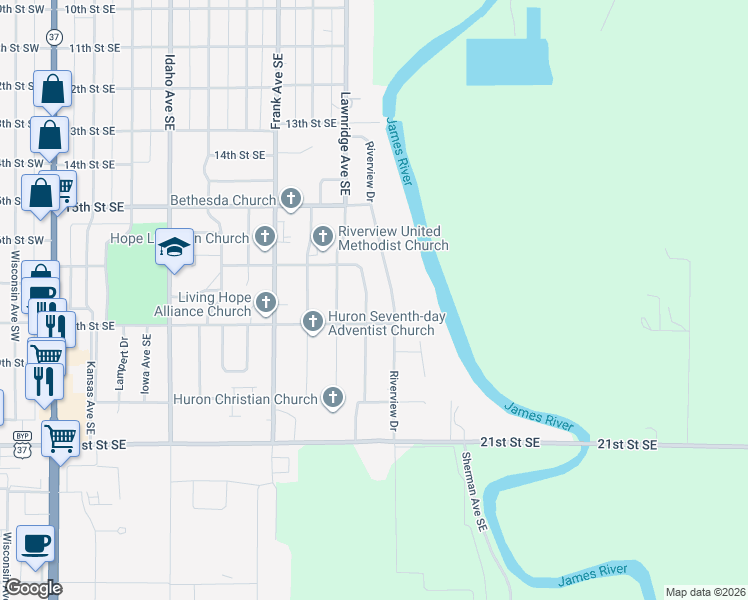 map of restaurants, bars, coffee shops, grocery stores, and more near 1746 Indiana Avenue Southeast in Huron