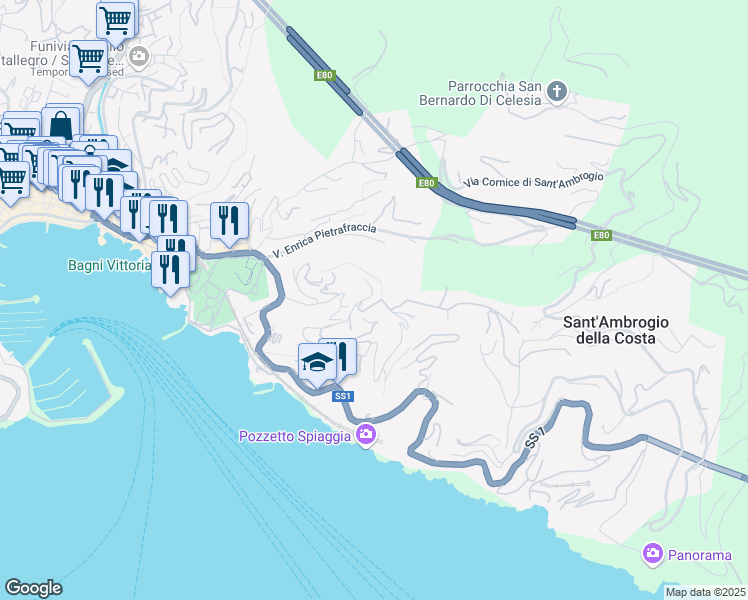 map of restaurants, bars, coffee shops, grocery stores, and more near 45 Località Pianata in Zoagli