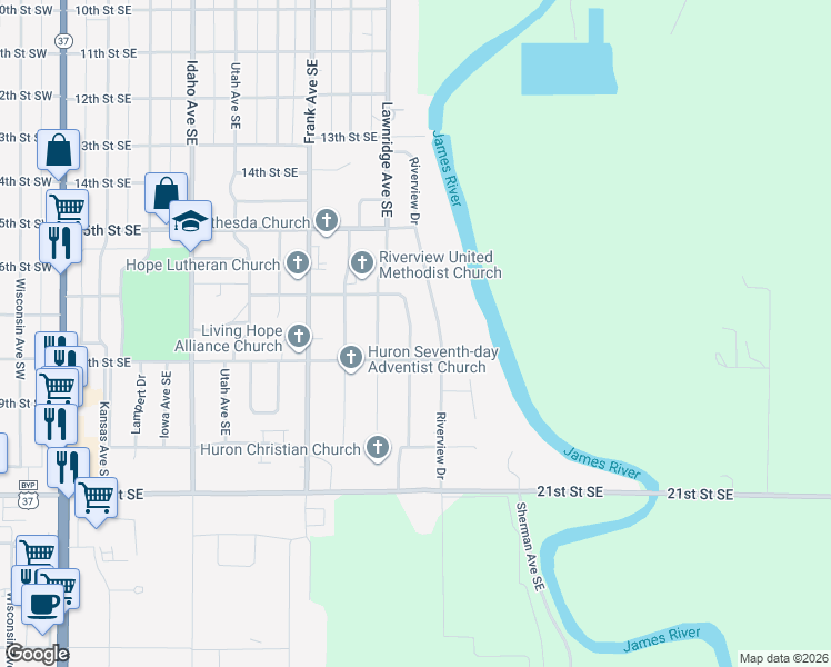map of restaurants, bars, coffee shops, grocery stores, and more near 1746 Indiana Avenue Southeast in Huron