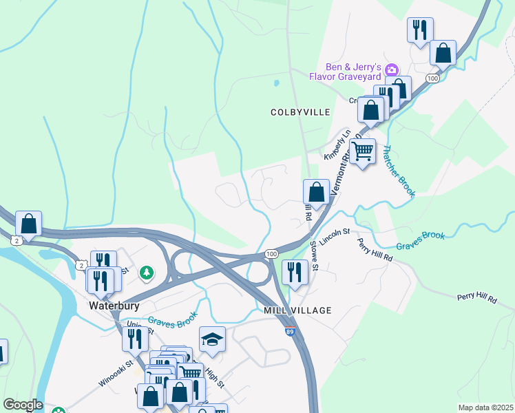 map of restaurants, bars, coffee shops, grocery stores, and more near 9 Ashford Lane in Waterbury Village Historic District