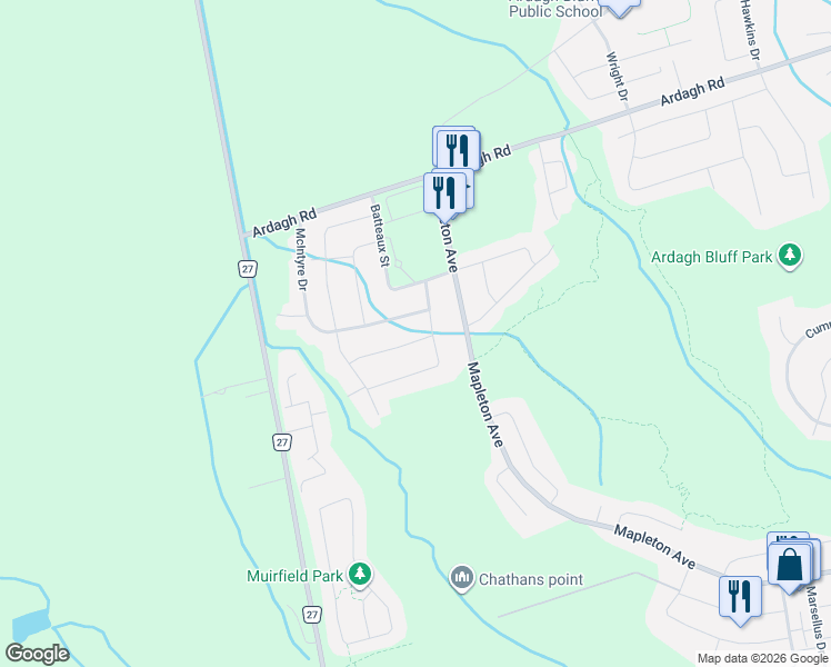 map of restaurants, bars, coffee shops, grocery stores, and more near 8 Black Ash Trail in Barrie