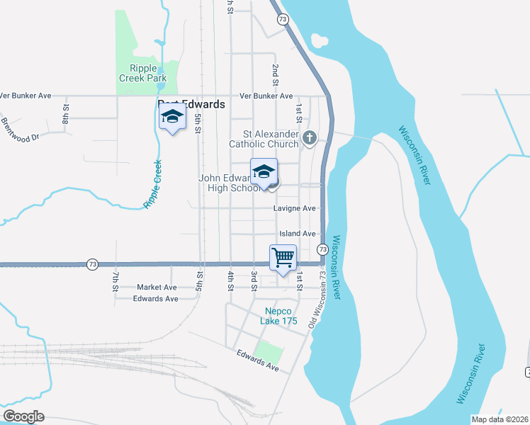 map of restaurants, bars, coffee shops, grocery stores, and more near 211 Lavigne Avenue in Port Edwards