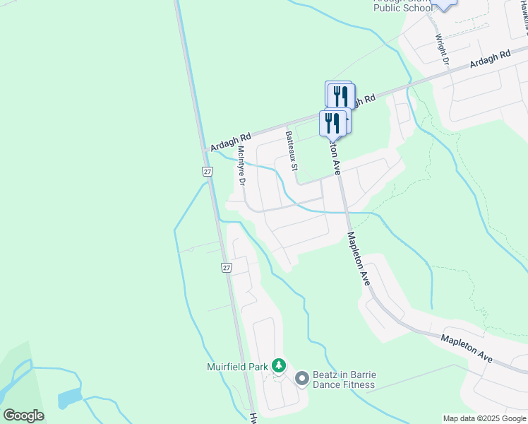map of restaurants, bars, coffee shops, grocery stores, and more near Penvill Trail in Barrie