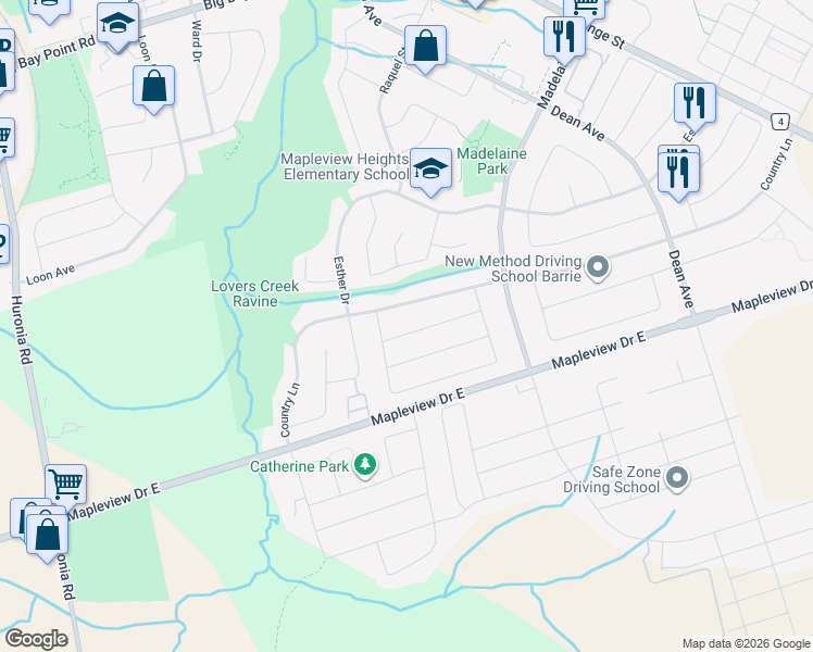 map of restaurants, bars, coffee shops, grocery stores, and more near 12 Benjamin Lane in Barrie