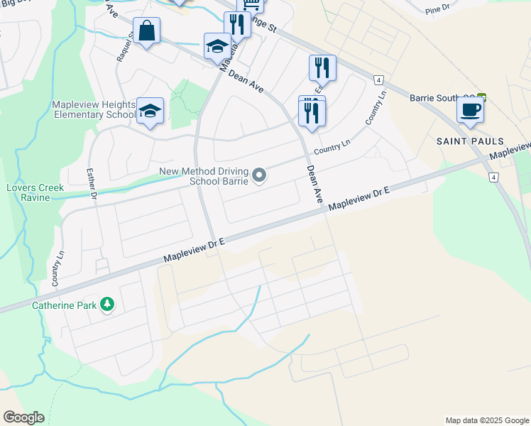 map of restaurants, bars, coffee shops, grocery stores, and more near Courtney Crescent in Barrie